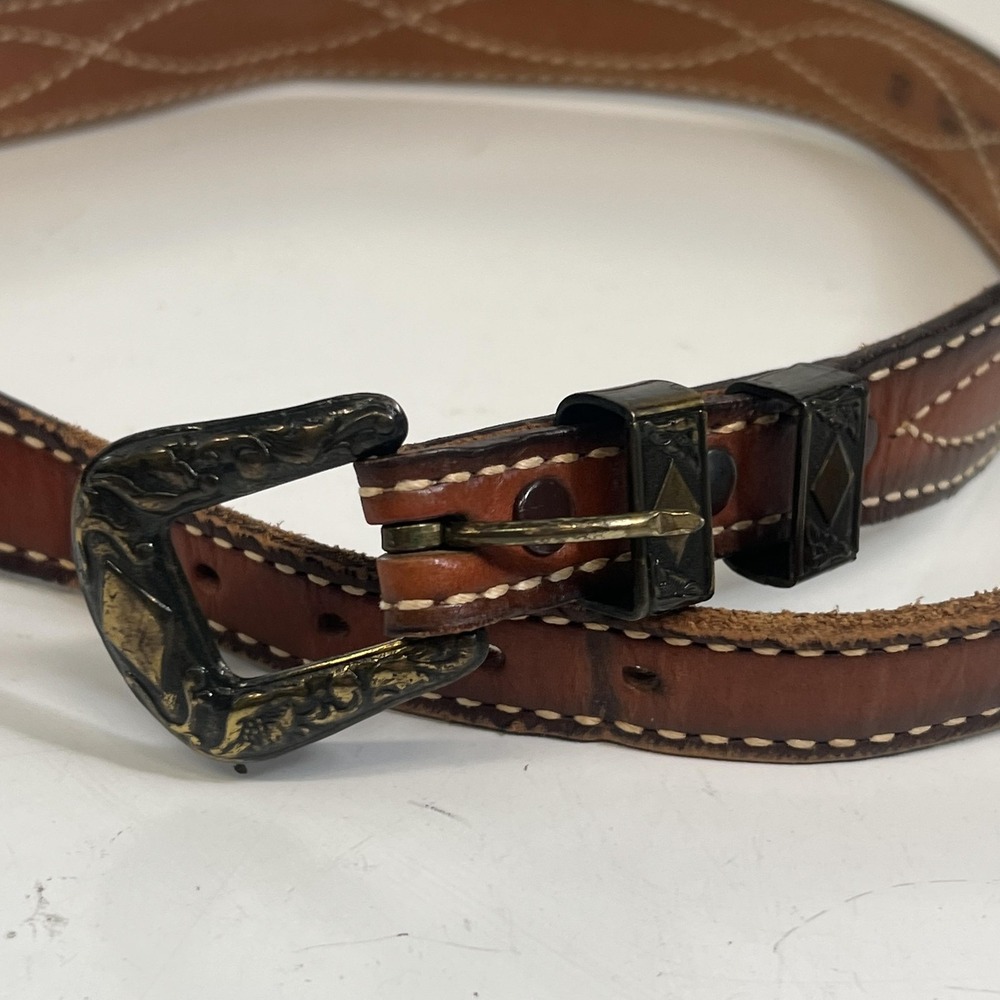Western Leather Textan Belt 32 Brown Studded Cowhide Stitched Made USA 1725B‎